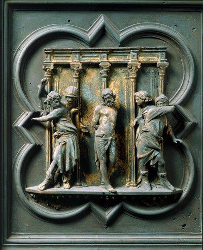 Porte Nord (appelée Porte de la Croix, au Nord), détail extérieur : « la flagellation » Sculpture en bronze réalisée par Lorenzo Ghiberti (1378-1455) - Lorenzo Ghiberti