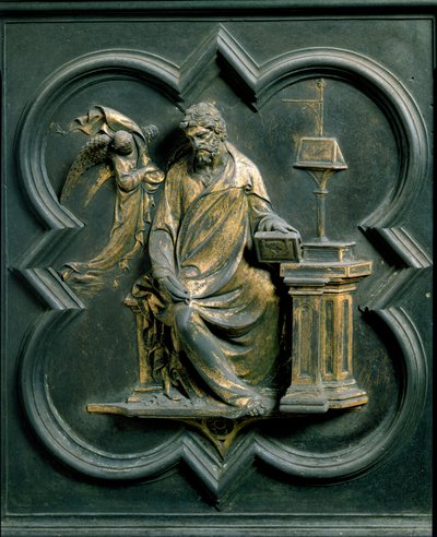 Porte Nord (appelée Porte de la Croix, au Nord), détail extérieur : Saint Mathieu. Sculpture en bronze réalisée par Lorenzo Ghiberti (1378-1455) - Lorenzo Ghiberti