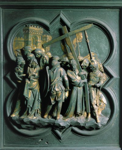 Porte Nord (appelée Porte de la Croix, au Nord), détail extérieur : « La Montée au Calvaire » sculpture en bronze réalisée par Lorenzo Ghiberti - Lorenzo Ghiberti