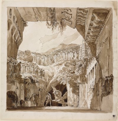 Décor de scène avec un homme combattant un dragon dans une grotte - Lorenzo I Quaglio