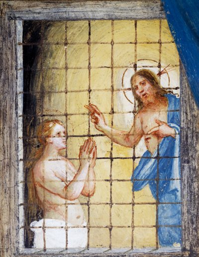 Christ visitant Sainte Barbe en prison et la guérissant, détail des Histoires de Sainte Barbe - Lorenzo Lotto