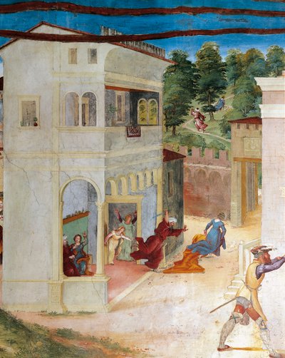 Sainte Barbe attaquée par son père, détail de la Vigne du Christ et Légende de Sainte Barbe par Lorenzo Lotto, Villa Suardi, Chapelle Suardi, Trescore Balneario - Lorenzo Lotto