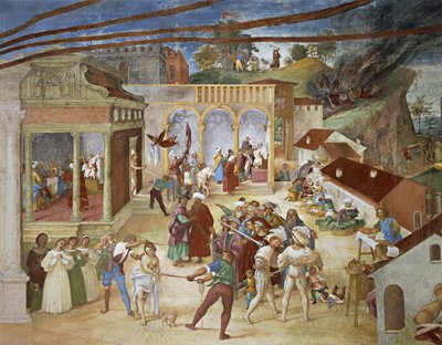 Sainte Barbe conduite à travers les rues de la ville, détail de Christ-Vigne et Légende de Sainte Barbe, fresque, Villa Suardi, Capella Suardi, Trescore Balneario - Lorenzo Lotto