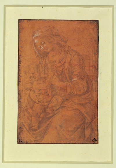 Madone. Plume argentée, rehaussée de blanc sur papier rose saumon ... - Lorenzo di Credi
