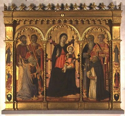 Madone et Enfant en trône avec des saints (triptyque) - Lorenzo di Pietro Vecchietta