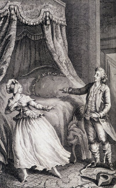 Couple devant le lit de la chambre - dans « Les françaises ou 34 exemples choisis dans les mœurs actuelles propres à diriger les filles, femmes, épouses, mères » de Restif de La Bretonne (1734-1806), ill. par Binet, Neufchâtel - Louis (after) Binet