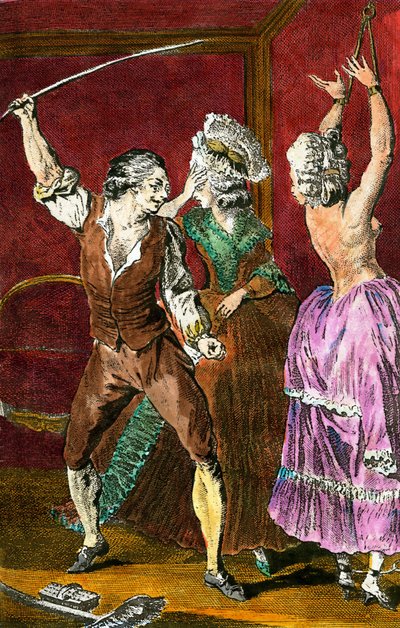 Érotisme : membres de la noblesse se livrant à des plaisirs sadomasochistes, un homme fouette une femme attachée. Gravure de Leroy d