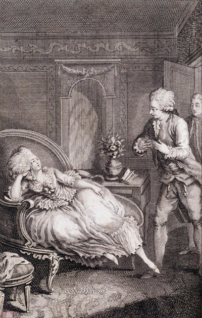 Gentilhomme déclarant son amour à une dame languissante sur une bergère - dans « Les françaises ou 34 exemples choisis dans les mœurs actuelles propres à conduire les filles, épouses, mères » par Restif de La Bretonne (1734-1806), ill. par Binet, Neufchâte - Louis (after) Binet