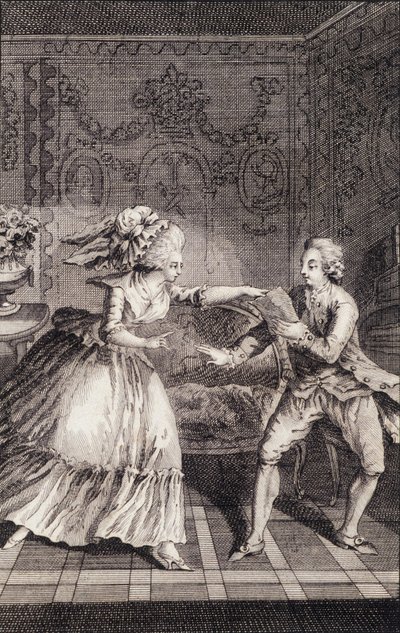 Le billet doux subtilisé (libertinage) - dans "Les françaises ou 34 exemples choisis dans les mœurs actuelles propres à conduire filles, femmes, épouses, mères" par Restif de La Bretonne (1734-1806), ill. par Binet, Neufchâtel - Louis (after) Binet
