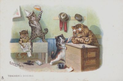 Chats dans une salle de classe : le professeur somnole et les élèves se conduisent mal - Louis (after) Wain
