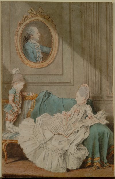 Madame Millin du Perreux et son fils, avec un portrait peint de Monsieur Jérôme-Robert Millin du Perreux - Louis Carmontelle