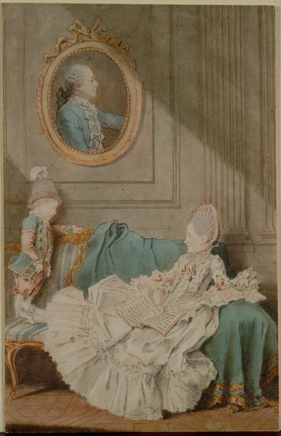 Madame Millin du Perreux et son fils, avec un portrait peint..., vers 1760 - Louis Carrogis dit Carmontelle