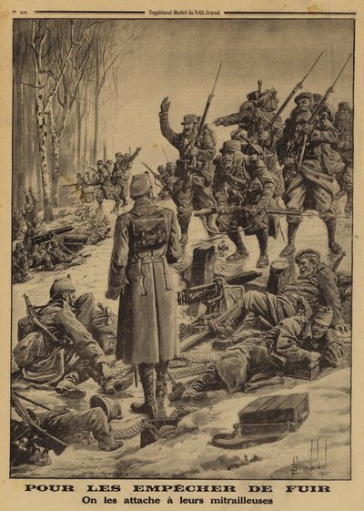 Soldats français capturant une position allemande occupée par des soldats ennemis attachés à leurs mitrailleuses par leurs officiers pour les empêcher de battre en retraite, Première Guerre mondiale - Louis Charles (after) Bombled
