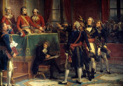 Les trois consuls : Bonaparte, Cambacérès et Lebrun recevant les serments des présidents. À droite, Emmanuel-Joseph Sieyès (1748-1836) et Pierre-Roger Ducos (1747-1816). Peinture de Louis Charles Auguste Couder. - Louis Charles Auguste Couder
