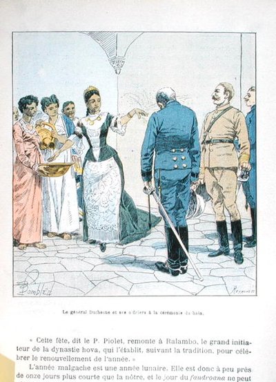 Le Général Duchesne et ses officiers à la cérémonie du bain de la Reine Ranavalona III (1862-1917), de 