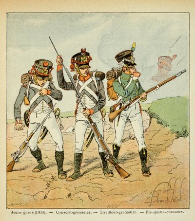 Illustration par Louis Bombled (1862-1927) du livre Le Mémorial de Sainte-Hélène par le comte Emmanuel de Las Cases (1766-1842) : La Jeune Garde de 1806 : grenadier conscrit ; tireur grenadier et chasseur flanqueur, Collection privée - Louis Charles Bombled