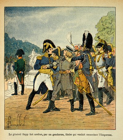 Illustration de Louis Bombled (1862-1927) du livre « Le Mémorial de Sainte-Hélène » par le comte Emmanuel de Las Cases (1766-1842) : Le général Rapp arrêtant, par un gendarme, le jeune Stabs, qui voulait assassiner l
