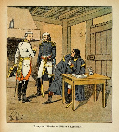 Illustration par Louis Bombled (1862-1927) du livre Le Mémorial de Sainte-Hélène par le comte Emmanuel de Las Cases (1766-1842) : Bonaparte, Jean Mathieu Philibert Sérurier (1742-1819) et Johann von Klenau (1758-1819) à Roverbello pendant la campagne d