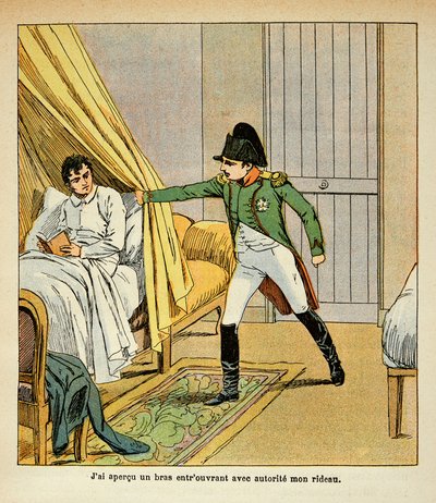 Illustration de Louis Bombled du livre « Le Mémorial de Sainte-Hélène » du comte Emmanuel de Las Cases : Napoléon réveille Las Cases au lit à Sainte-Hélène, collection privée - Louis Charles Bombled