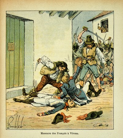 Illustration de Louis Bombled (1862-1927) du livre « Le Mémorial de Sainte-Hélène » par le comte Emmanuel de Las Cases (1766-1842) : Massacre de soldats français à Vérone - Louis Charles Bombled