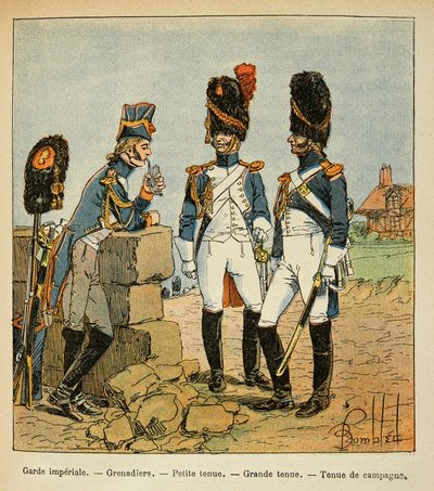 Illustration de Louis Bombled (Le Mémorial de Sainte-Hélène) : Grenadiers de la Garde impériale : Petit uniforme, grand uniforme et uniforme de campagne - Louis Charles Bombled