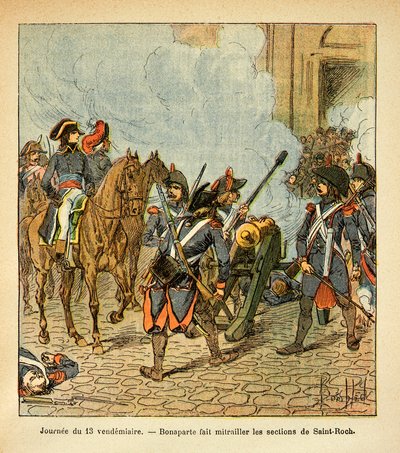 Illustration de Louis Bombled (1862-1927) du livre « Le Mémorial de Sainte-Hélène » par le comte Emmanuel de Las Cases (1766-1842) : Jour du 13 Vendémiaire, Bonaparte fait tirer les sections de Saint-Roch avec un canon - Louis Charles Bombled