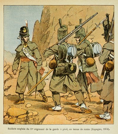 Illustration par Louis Bombled (1862-1927) tirée du livre « Le Mémorial de Sainte-Hélène » par le comte Emmanuel de Las Cases (1766-1842) : Soldats anglais du 1er Régiment de la Garde dans une halte routière (Espagne 1814), Collection privée - Louis Charles Bombled