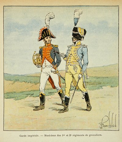 Illustration de Louis Bombled (1862-1927) du livre « Le Mémorial de Sainte-Hélène » du comte Emmanuel de Las Cases (1766-1842) : Garde impériale : Musiciens des 1er et 2e régiments de grenadiers - Louis Charles Bombled