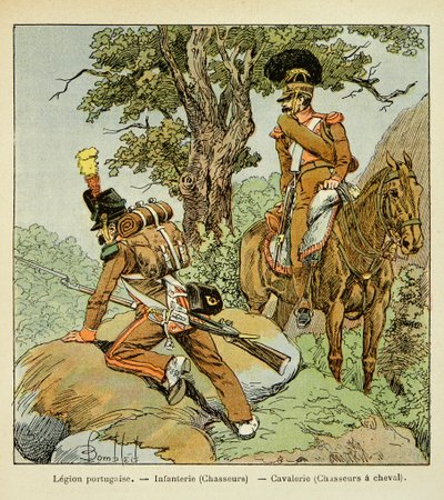 Illustration de Louis Bombled (1862-1927) du livre « Le Mémorial de Sainte-Hélène » par le comte Emmanuel de Las Cases (1766-1842) : Légion portugaise : Infanterie (chasseurs) et cavalerie (chasseurs à cheval), Collection Privée - Louis Charles Bombled