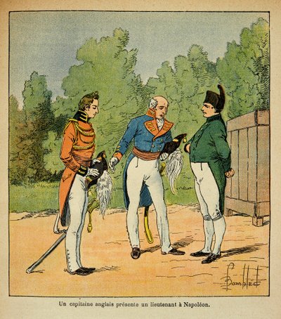 Illustration de Louis Bombled (1862-1927) du livre « Le Mémorial de Sainte-Hélène » par le comte Emmanuel de Las Cases (1766-1842) : À Sainte-Hélène, un capitaine anglais présente à l
