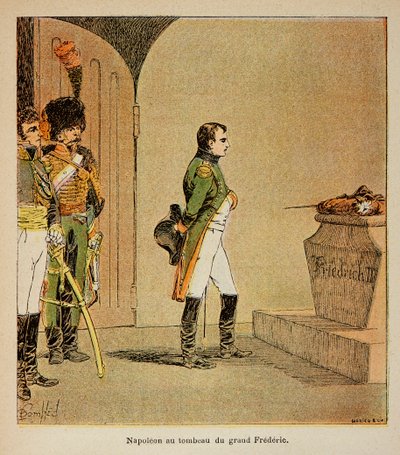 Illustration par Louis Bombled (1862-1927) du livre Le Mémorial de Sainte-Hélène par le comte Emmanuel de Las Cases (1766-1842) : Napoléon méditant sur le cercueil de Frédéric II de Prusse dans la crypte de la Garnisonkirche à Potsdam en 1806, Collection p - Louis Charles Bombled