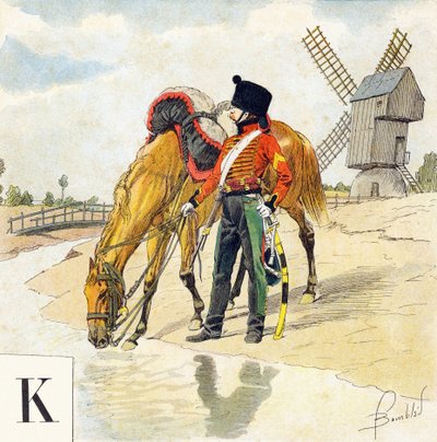 Lettre K : Kolbach, chapeau des cavaliers français des premiers et deuxièmes empires, "Je serai soldat" - Alphabet militaire - Louis Charles Bombled