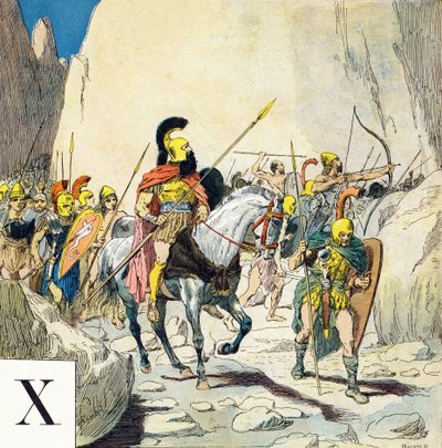 Lettre X : Xénophon (430-355 av. J.-C.), chef militaire grec, et son armée, "Je serai soldat" - Alphabet militaire - Louis Charles Bombled