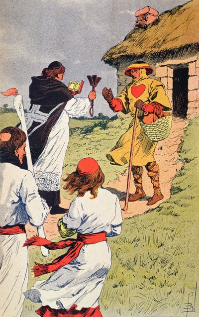 Prêtre visitant un lépreux au Moyen Âge, illustration de 