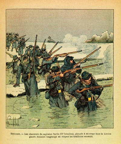 Janvier 1871, Héricourt, les chasseurs du capitaine Sarda plongent à moitié dans la glace de la Lisaine, tenant l