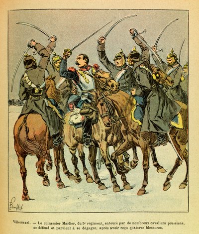 Pendant la bataille de Villersexel, le cuirassier Marlier du 5e régiment entouré par les Prussiens, réussit à s