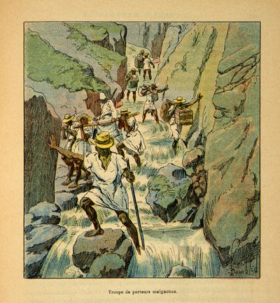 La Guerre à Madagascar-Histoire anecdotique des expéditions françaises de 1885-1895 par Henri Galli dit Galllichet, illustré par Louis Bombled : Troupes de porteurs malgaches en 1895 - Louis Charles Bombled