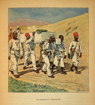 La Guerre à Madagascar-Histoire anecdotique des expéditions françaises de 1885-1895 par Henri Galli dit Galllichet, illustré par Louis Bombled : Enterrement d