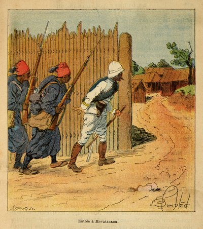 La Guerre à Madagascar-Histoire anecdotique des expéditions françaises de 1885-1895 par Henri Galli dit Galllichet, illustré par Louis Bombled : Les troupes françaises entrent dans le village de Mevatanana en 1895 - Louis Charles Bombled