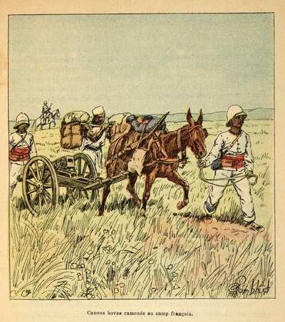 La Guerre à Madagascar - Histoire anecdotique des expéditions françaises de 1885-1895 par Henri Galli dit Galllichet, illustrée par Louis Bombled : Canons Hovas ramenés au camp français - Louis Charles Bombled