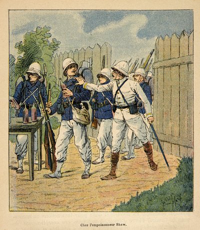 La Guerre à Madagascar - Histoire anecdotique des expéditions françaises de 1885-1895 par Henri Galli dit Galllichet, illustrée par Louis Bombled : Troupes françaises au poisonnier Shaw en 1884 - Louis Charles Bombled