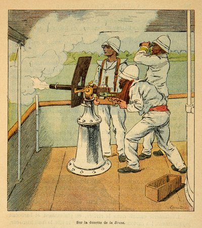 La Guerre à Madagascar-Histoire anecdotique des expéditions françaises de 1885-1895 par Henri Galli dit Galllichet (1854-1922), illustrée par Louis Bombled (1862-1927) : Coup de canon sur les Hovas à bord du canonnière « La Brave » en 1895, Collection priv - Louis Charles Bombled