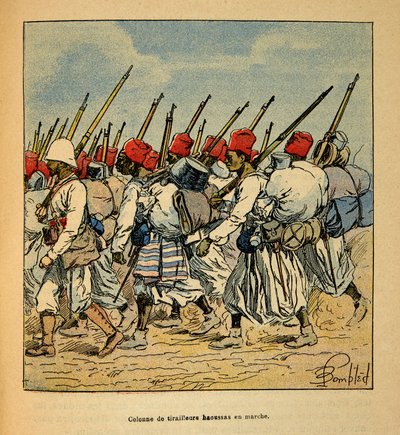La guerre à Madagascar - Histoire anecdotique des expéditions françaises de 1885-1895 par Henri Galli dit Gallichet (1854-1922), illustrée par Louis Bombled (1862-1927) : Colonne de tirailleurs haoussas marchant en 1895 - Louis Charles Bombled