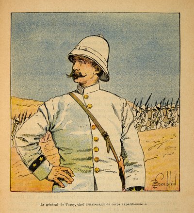 La Guerre à Madagascar - Histoire anecdotique des expéditions françaises de 1885-1895 par Henri Galli dit Gallichet (1854-1922), illustrée par Louis Bombled (1862-1927) : Portrait du général De Torcy (1844-1918), chef d