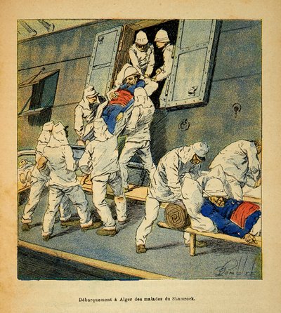 La Guerre à Madagascar - Histoire anecdotique des expéditions françaises de 1885-1895 par Henri Galli dit Gallichet (1854-1922), illustrée par Louis Bombled (1862-1927) : Débarquement à Alger en 1895 des troupes malades du navire-hôpital le Shamrock de Mad - Louis Charles Bombled