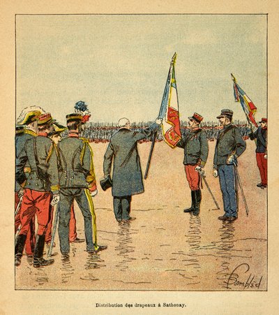 La Guerre à Madagascar - Histoire anecdotique des expéditions françaises de 1885-1895 par Henri Galli dit Gallichet (1854-1922), illustrée par Louis Bombled (1862-1927) : Distribution de drapeaux à Sathonay aux troupes partant pour Madagascar en 1895 en pr - Louis Charles Bombled