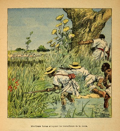 La guerre à Madagascar - Histoire anecdotique des expéditions françaises de 1885-1895 par Henri Galli dit Galllichet, illustrée par Louis Bombled : Tirailleurs Hovas attaquant les militaires construisant une route en 1895 - Louis Charles Bombled