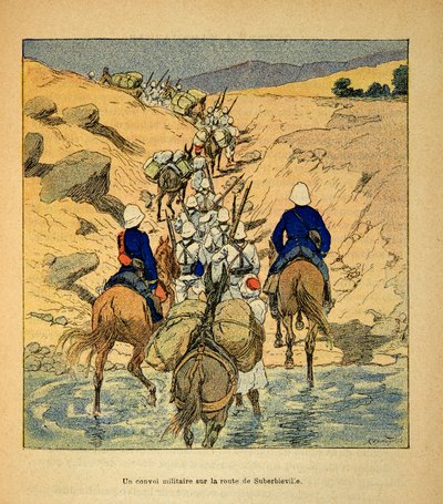 La guerre à Madagascar - Histoire anecdotique des expéditions françaises de 1885-1895 par Henri Galli dit Galllichet, illustrée par Louis Bombled : Un convoi militaire sur la route de Suberbieville en 1895 - Louis Charles Bombled