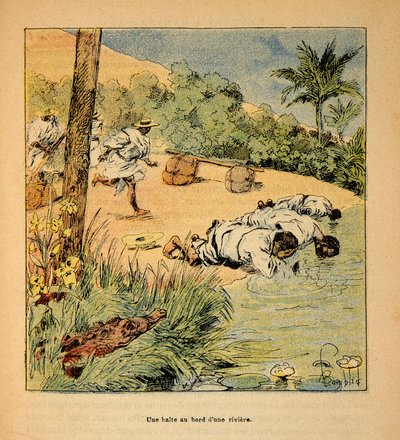 La Guerre à Madagascar - Histoire anecdotique des expéditions françaises de 1885-1895 par Henri Galli dit Gallichet (1854-1922), illustrée par Louis Bombled (1862-1927) : Une halte au bord de la rivière en 1895, Collection privée - Louis Charles Bombled