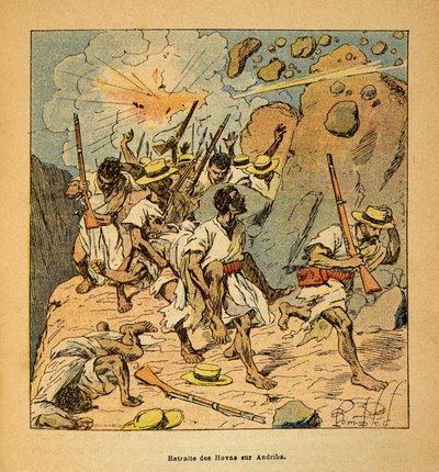 La Guerre à Madagascar - Histoire anecdotique des expéditions françaises de 1885-1895 par Henri Galli dit Gallichet (1854-1922), illustrée par Louis Bombled (1862-1927) : Retraite des Hovas sur Andriba, Collection privée - Louis Charles Bombled